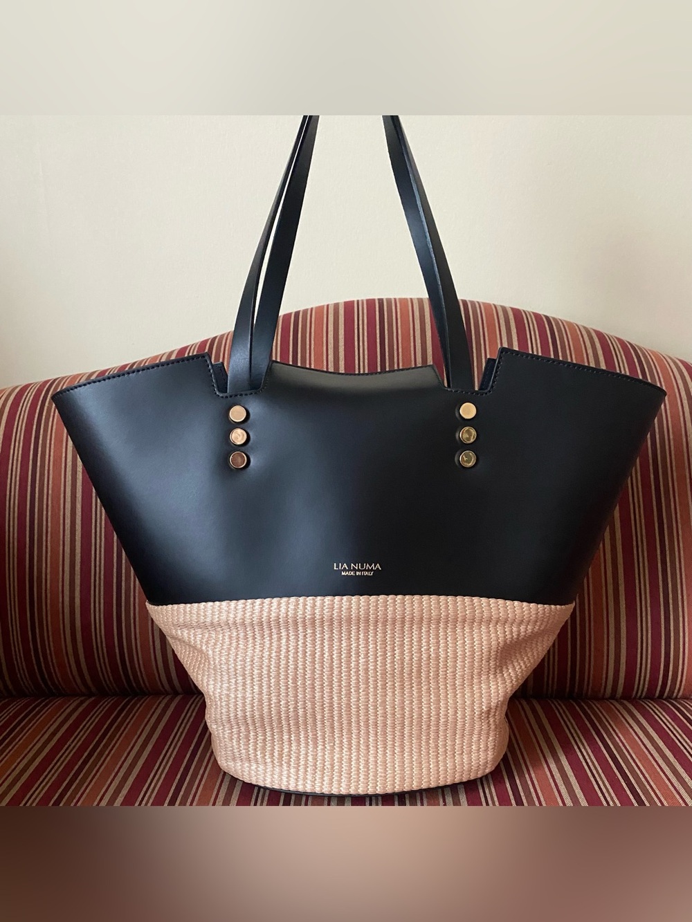 Lia Numa Black leather and Natural Rafia Woven summer tote Bag